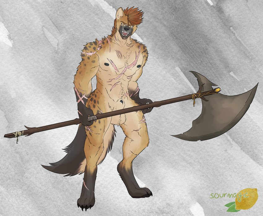 animal_genitalia anthro axe balls brown_body brown_fur claws fangs fur genitals grey_body grey_fur grey_hair grin hair male markings nipples nude orange_body orange_fur orange_hair pawpads paws red_hair scar sheath smile solo spots spotted_markings tan_body tan_fur teeth weapon yellow_eyes bittervow gnoll hyena mammal hi_res