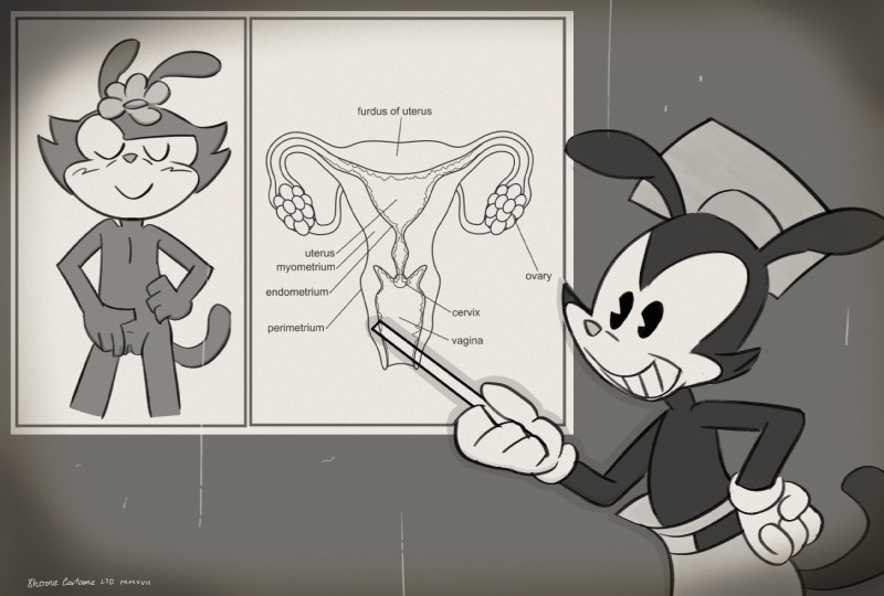 4_fingers anthro blush clothed clothing eyes_closed female fingers flat_chested genitals gloves handwear male nude pussy sex_education smile solo text topless 8horns animaniacs warner_brothers dot_warner yakko_warner inkblot mammal english_text greyscale hi_res monochrome