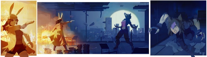 aiming aiming_weapon animal_ears anthro book bottomwear building burning_building chair clothing coat duo female fingerless_gloves fire furniture gloves gun handgun handwear jacket moon paper pistol pointing_gun ranged_weapon running scenery shorts solo table topwear tower weapon vespertellino mythology canid canine canis human lagomorph leporid mammal mythological_canine mythological_creature rabbit werecanid werecanine werecreature werewolf wolf 2022 digital_drawing_(artwork) digital_media_(artwork) hi_res