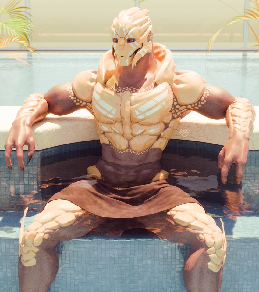 3_fingers abs animal_genitalia biceps bodypaint face_paint fingers genital_slit genitals in_pool looking_at_viewer male muscular muscular_male nude palm_frond pecs pool sitting solo teeth towel towel_on_lap towel_only water wet kagekave bioware electronic_arts mass_effect verros alien humanoid turian 3d_(artwork) digital_media_(artwork) hi_res