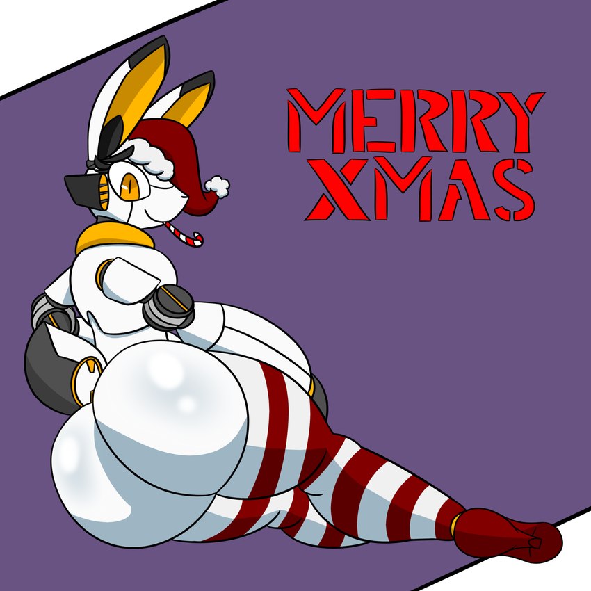 anthro big_butt bubble_butt butt christmas_clothing christmas_headwear clothing footwear hat headgear headwear high_heels holiday_message holidays legwear machine male santa_hat scut_tail shoes short_tail solo stockings tail text white_body yellow_eyes jiqqy christmas 13un lagomorph leporid mammal rabbit robot 1:1 absurd_res english_text hi_res