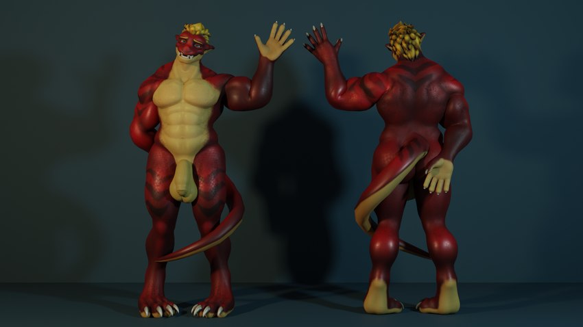 anthro balls genitals gesture looking_at_viewer male musclegut muscular nude paws penis red_body shy simple_background slightly_chubby smile solo tail tail_wrapped waving waving_at_viewer yellow_penis dergdrister mythology tyler_(dergdrister) dragon mythological_creature mythological_scalie scalie 3d_(artwork) digital_media_(artwork) hi_res