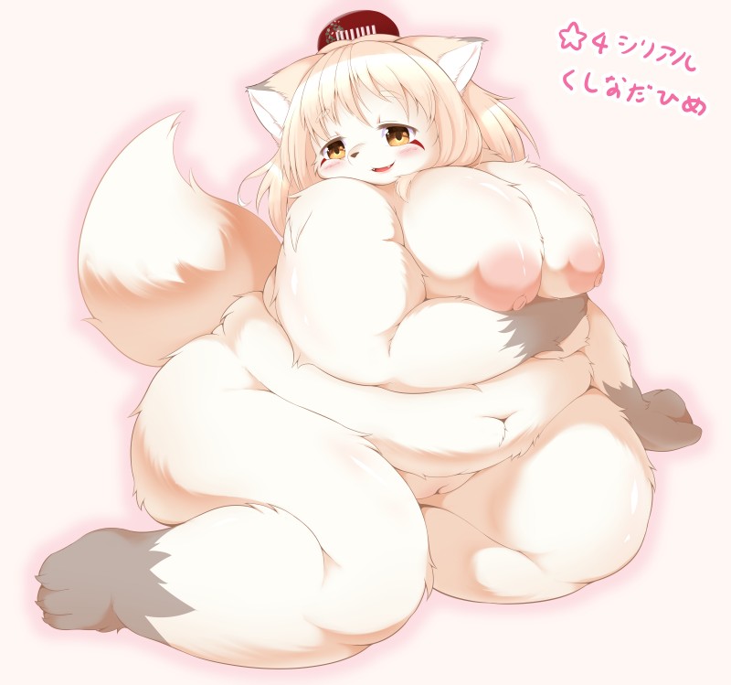 3_toes accessory anthro areola barefoot belly big_belly big_breasts blush breast_grab breast_squish breasts brown_body brown_fur claws cute_fangs facial_markings fangs feet female fur genitals gloves_(marking) hair hair_accessory hand_on_breast head_markings huge_breasts kanzashi kemono leg_markings love_handles markings multicolored_body multicolored_fur navel nipples nude obese obese_anthro obese_female overweight overweight_anthro overweight_female pink_areola pink_nipples pussy socks_(marking) solo squish star teeth text thick_thighs toe_claws toes two_tone_body two_tone_fur white_body white_fur white_hair wide_hips yellow_eyes radiowave concon-collector canid canine fox mammal hi_res japanese_text translated