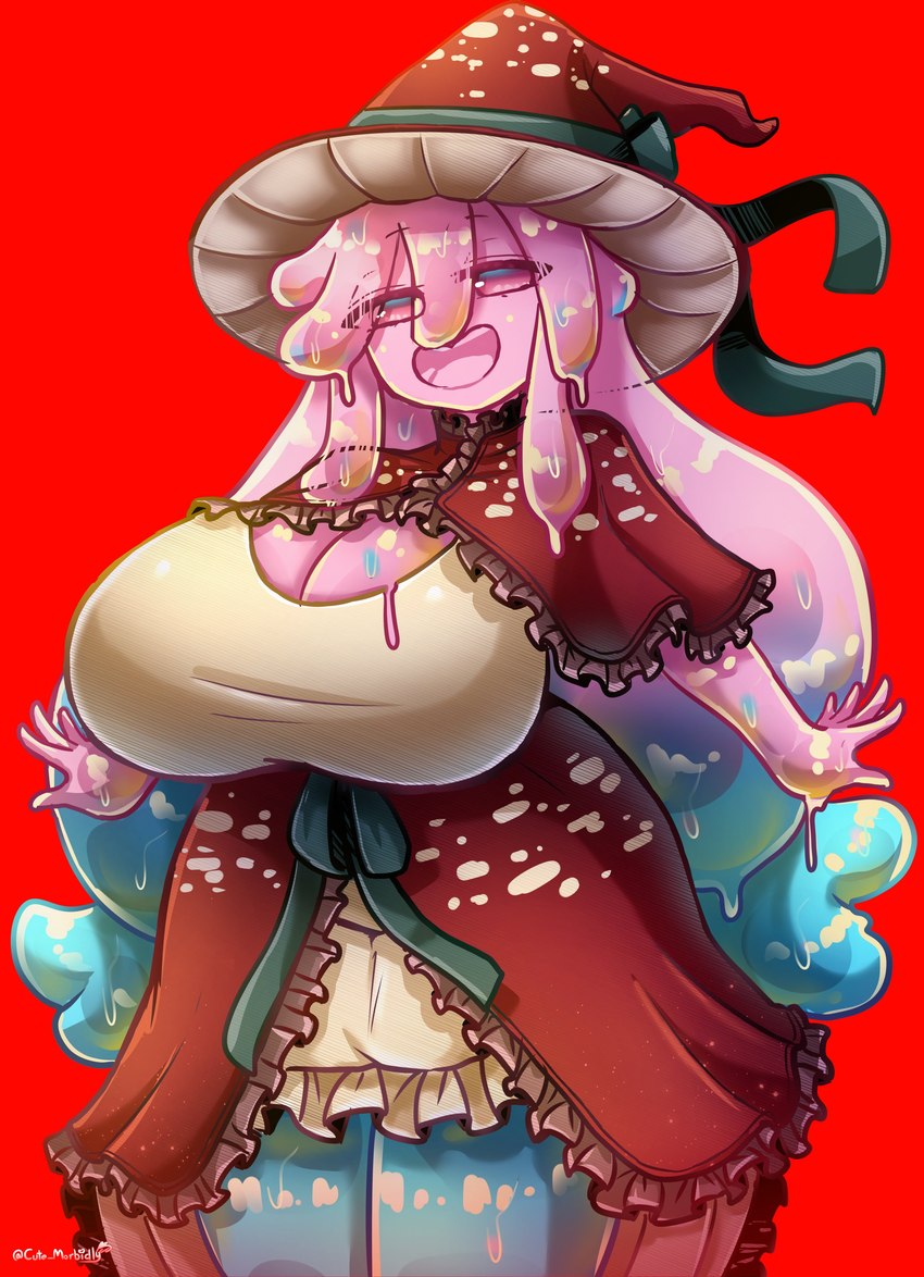 big_breasts blue_hair blue_legs breasts cleavage clothed clothing dress female hair hair_between_eyes hat headgear headwear holidays huge_breasts long_hair looking_at_viewer mushroom_hat open_mouth pink_body pink_hair red_background red_clothing red_hair simple_background smile solo standing white_clothing white_dress witch_hat morbidlycutecrunch halloween maisie_(christovski) goo_creature goo_humanoid humanoid absurd_res hi_res