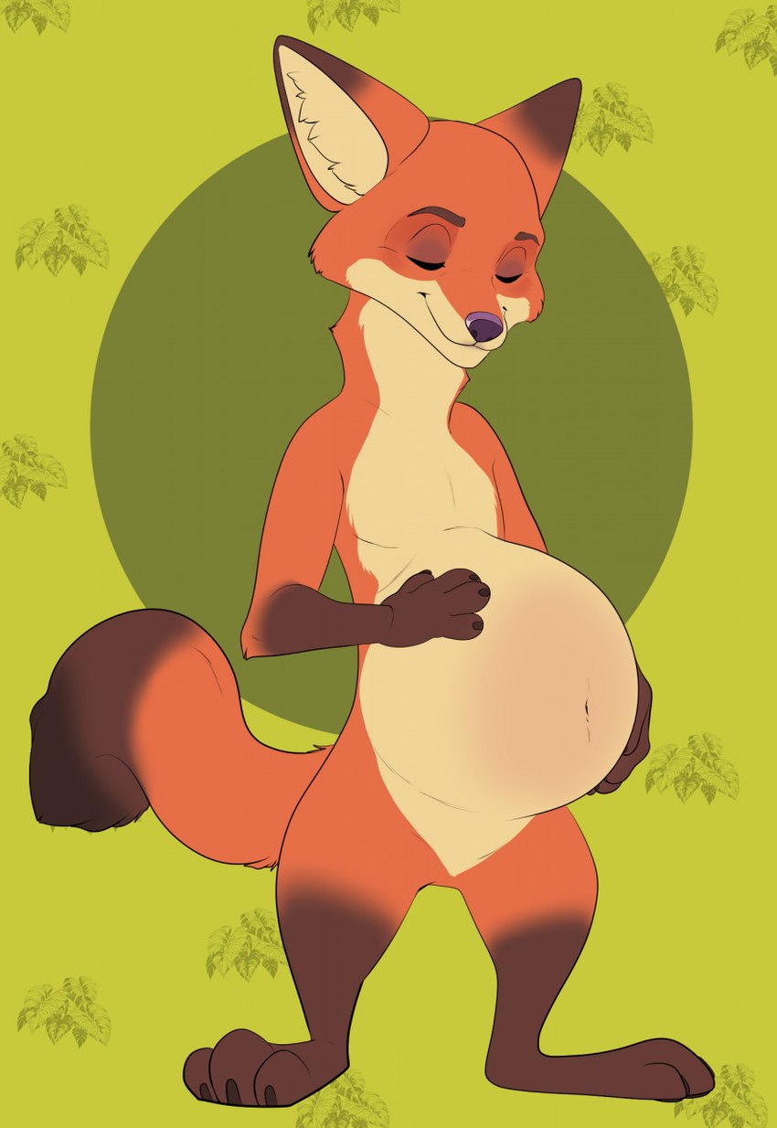 3_toes 4_fingers anthro belly big_belly eyes_closed feet fingers green_background hand_on_own_belly looking_down male pregnant pregnant_male simple_background solo standing tail toes pregoo disney zootopia nick_wilde canid canine fox mammal red_fox true_fox hi_res