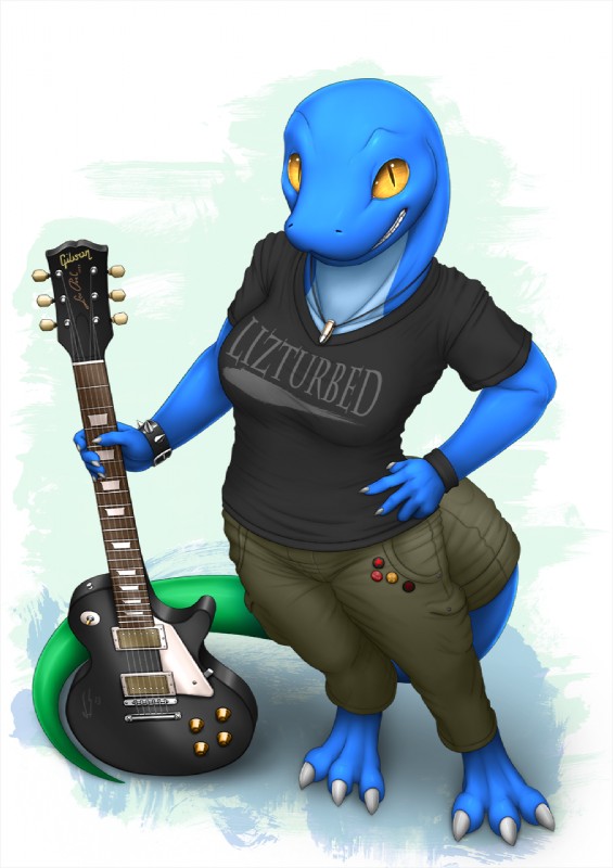 3_toes amber_eyes anthro barefoot biped blue_body blue_skin bottomwear bracelet breasts claws clothed clothing feet female furgonomics guitar hairless hand_on_hip high-angle_view holding_object jewelry looking_at_viewer musical_instrument naughty_face necklace non-mammal_breasts pants plucked_string_instrument pose pupils shirt simple_background slit_pupils smile solo standing string_instrument tail tail_clothing text text_on_clothing text_on_shirt text_on_topwear textured_background toe_claws toes topwear white_background yellow_eyes vader-san gibson les_paul eliza_(vader-san) anole blue_anole lizard reptile scalie 2013 english_text hi_res