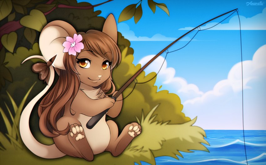 accessory amber_eyes blue_sky brown_body brown_fur brown_hair cloud countershade_fur countershade_torso countershading day feet female fishing fishing_rod flower flower_in_hair fur grass hair hair_accessory hindpaw holding_fishing_rod holding_object leaf long_hair notched_ear nude outside pawpads paws plant rodent_tail sitting sky solo tan_body tan_countershading tan_fur tree water layala transformice mammal mouse murid murine rodent 2020 artist_name digital_media_(artwork) shaded