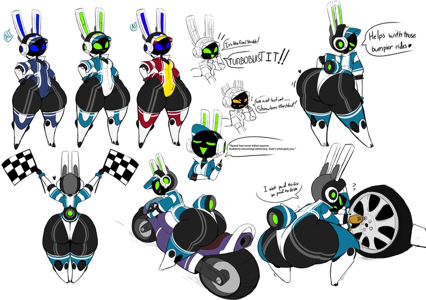 annoyed anthro armor big_butt blue_eyes blue_inner_ear blue_mouth breasts butt checkered checkered_flag cleavage clothed clothing crouching drill earpiece electronics eyes_closed female flag flag_(object) green_eyes green_inner_ear green_mouth hand_on_leg hand_on_thigh hands_on_hips headgear headphones headset heart_after_text heart_symbol helmet holding_flag holding_object huge_butt huge_hips huge_thighs long_ears looking_at_viewer looking_back looking_back_at_viewer machine motion_lines orange_mouth rear_view screen screen_face simple_background small_waist solo speech_bubble spread_legs spreading standing talking_to_viewer text thick_thighs tire white_background white_ears wide_hips pandamonium project_turboblast tempo_(project_turboblast) animal_humanoid humanoid lagomorph leporid mammal rabbit robot robot_humanoid absurd_res concept_art english_text hi_res official_art