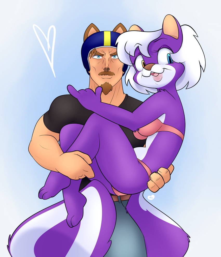 4_fingers 5_fingers anthro armor bikini breasts canine_ears carrying_another carrying_partner clothed clothing duo facial_hair female fingers fur hair headgear headwear helmet heterochromia male muscular muscular_arms muscular_male purple_body purple_fur swimwear two-piece_swimsuit white_hair minxydoodle mike_and_melissa melissa_mouffette mike_chenoweth animal_humanoid human humanoid hybrid mammal mephitid skunk hi_res