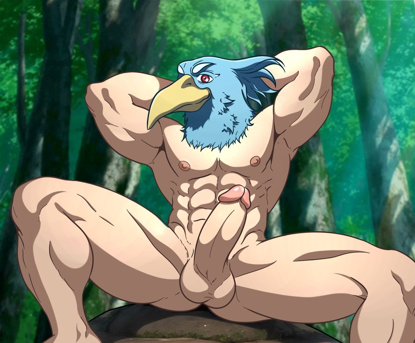 abs balls beak blue_body blue_fur erection feathers for_a_head forest forest_background fur genitals glans hands_behind_head humanoid_genitalia humanoid_penis looking_at_viewer male muscular muscular_male nature nature_background nipples nude obliques penis plant pose red_eyes sitting smile solo thick_thighs tree torinohito shangri-la_frontier sunraku animal_head animal_humanoid avian avian_humanoid bird_humanoid humanoid hi_res