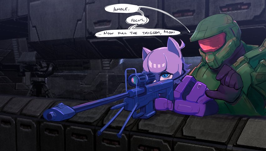 ambiguous_gender anthro armor clothing duo focused full_armor guiding gun hair headgear helmet helmeted_human male pink_body pink_hair ranged_weapon rifle sniper_rifle suit text weapon bunnewitch halo_(series) microsoft xbox_game_studios master_chief felid feline human humanoid mammal 2024 hi_res