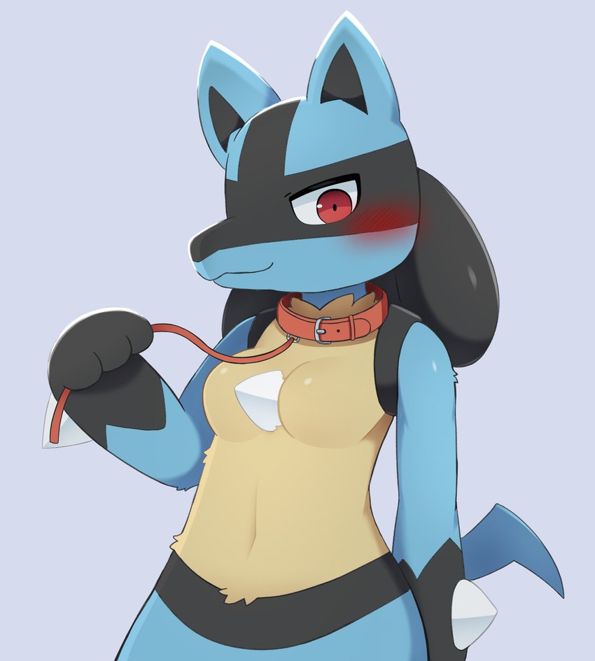 anthro biped black_body blue_body blue_fur blue_tail breasts closed_smile collar featureless_breasts female fur mouth_closed multicolored_tail pupils red_eyes simple_background smile solo spikes spikes_(anatomy) standing tail tan_body tan_fur sum nintendo pokemon canid generation_4_pokemon lucario mammal pokemon_(species) hi_res