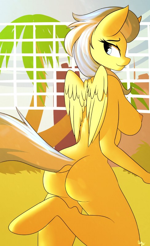 anthro anthrofied big_breasts blue_eyes breasts butt dock_(anatomy) eyelashes feathered_wings feathers female fur hair multicolored_hair nipples outside palm_tree plant smile solo tail tree two_tone_hair wings yellow_body yellow_fur patch_(artist) friendship_is_magic hasbro my_little_pony mythology misty_fly_(mlp) wonderbolts_(mlp) equid equine mammal mythological_creature mythological_equine pegasus 2015 absurd_res hi_res