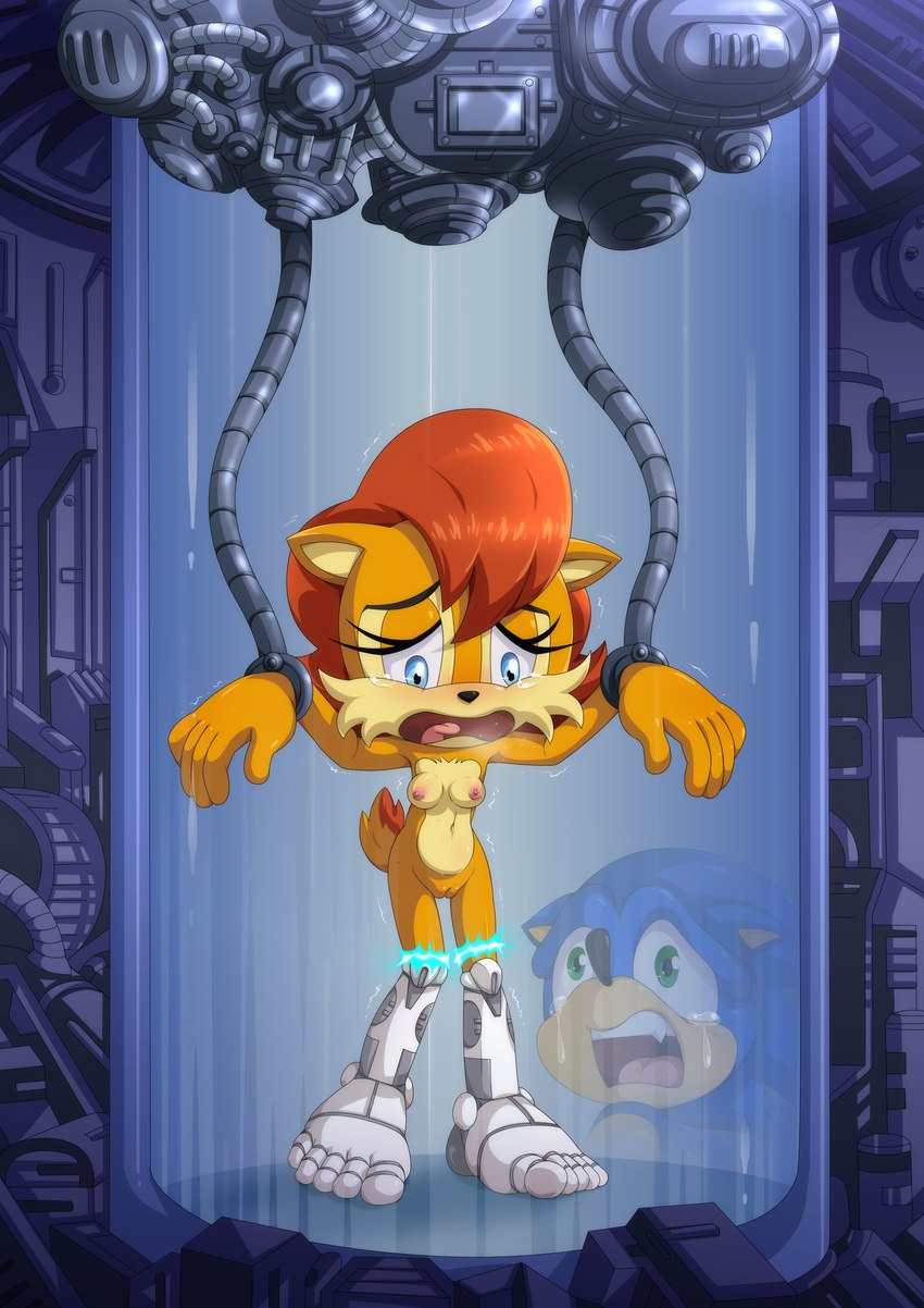 anthro bdsm bodily_fluids bondage bound breasts damsel_in_distress duo female genitals male nipples nude peril pussy reflection robotization scared tears terror the_dark_mangaka archie_comics sega sonic_the_hedgehog_(archie) sonic_the_hedgehog_(comics) sonic_the_hedgehog_(series) sally_acorn sonic_the_hedgehog chipmunk eulipotyphlan ground_squirrel hedgehog mammal rodent sciurid absurd_res hi_res