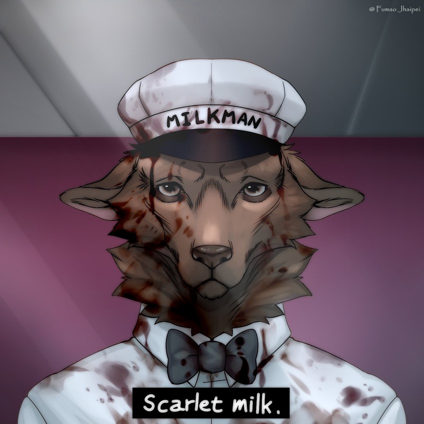 alternate_species anthro blood blood_on_clothing blood_on_face bodily_fluids bow_tie brown_body brown_eyes brown_fur clothing dialogue front_view fur grey_bow_tie hat headgear headwear looking_at_viewer male solo talking_to_viewer text text_on_clothing text_on_headwear topwear white_clothing white_hat white_headwear white_topwear fumao_jhaipei that's_not_my_neighbor francis_mosses mammal hi_res