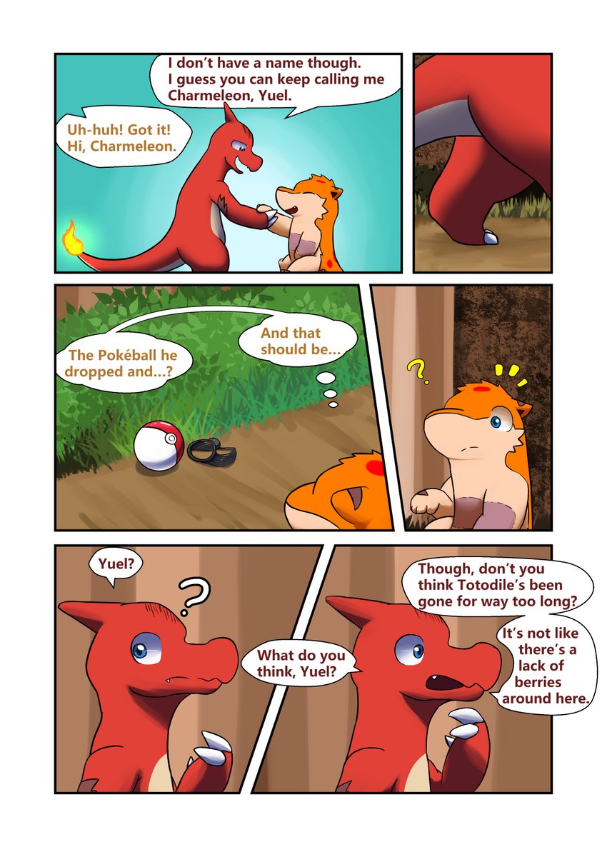 ambiguous_gender dialogue duo feral fire forest plant pokeball speech_bubble text tree darrow0 nintendo p.r.o._pokeball pokemon yuel charmeleon generation_1_pokemon generation_2_pokemon pokemon_(species) quilava comic english_text hi_res