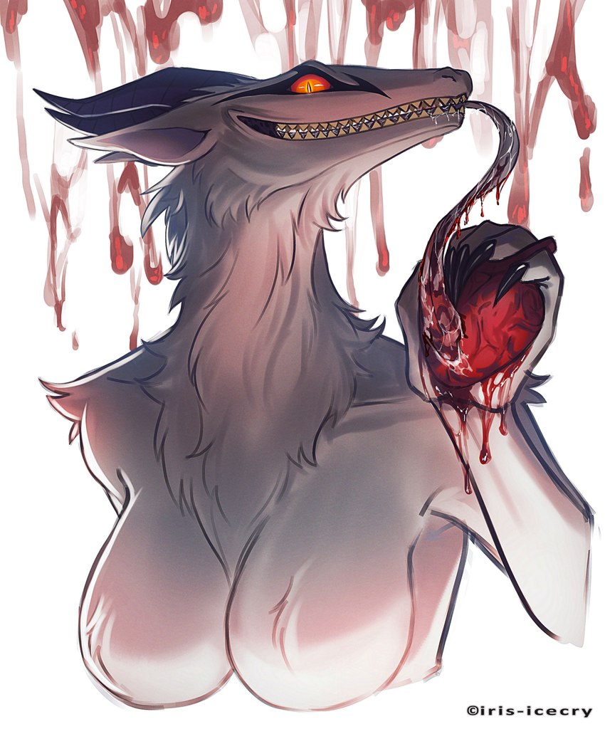 anthro blood bodily_fluids breasts claws featureless_breasts female fur gore grin heart_(organ) horn licking long_tongue organs pupils red_eyes sharp_teeth slit_pupils smile solo teeth tongue tongue_out white_body white_fur iris-icecry vittaly_arctic_(fluffythunderbird) monster synx half-length_portrait hi_res portrait