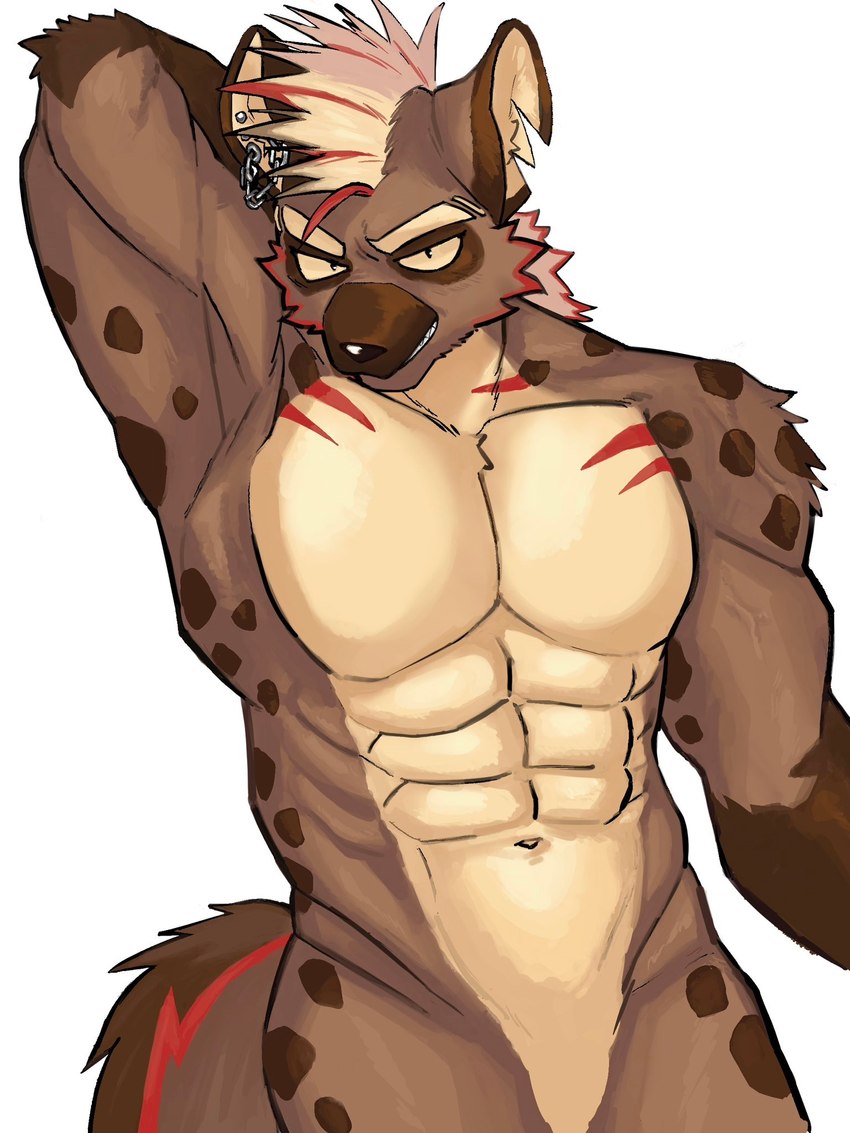 abs anthro armpit_focus cream_hair featureless_crotch fur grin hair male mohawk muscular muscular_male navel notched_ear nude null pecs raised_arm red_body red_fur smile solo tan_body tan_fur yellow_eyes rrrr20251107 anothereidos_of_dragon_vein_r nitro_(anothereidos_r) hyena mammal hi_res