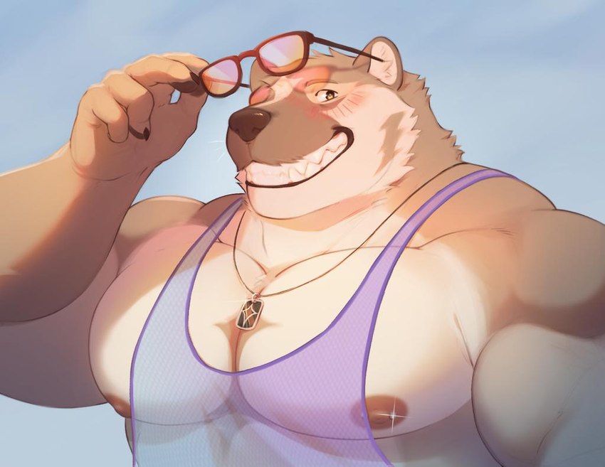 anthro areola barazoku big_pecs blush clothing eyewear fishnet_clothing fishnet_tank_top fishnet_topwear grin happy holding_eyewear holding_object holding_sunglasses jewelry light looking_at_viewer male necklace nipple_piercing nipples pecs piercing pink_eyewear pink_sunglasses sky smile solo sunglasses topwear trapezius theor theor_(character) american_badger badger mammal mustelid musteline 2024 bust_portrait lighting portrait
