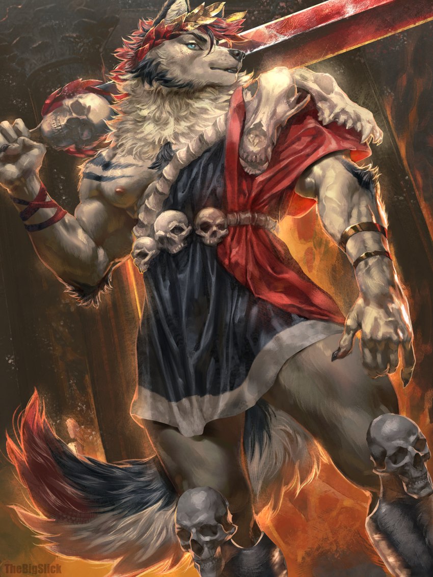 5_fingers animal_skull anthro biceps blue_eyes bone clothed clothing fingers fire holding_melee_weapon holding_object holding_sword holding_weapon human_skull male melee_weapon muscular muscular_anthro muscular_male muscular_thighs nipple_slip nipples pecs quads skull solo sword weapon thebigslick hades_(game) supergiant_games rainer zagreus_(hades) canid canine canis mammal wolf 3:4 detailed hi_res