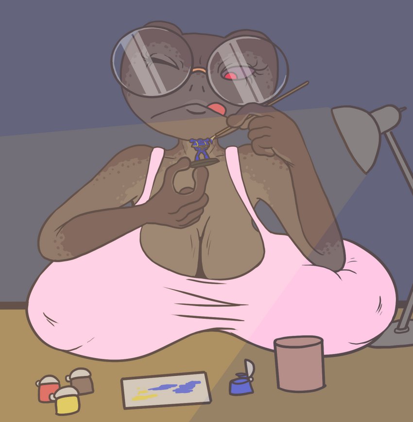 anthro big_breasts breast_rest breasts brush cleavage clothed clothing container cup eyewear female figurine furniture_lamp glasses huge_breasts inverted_nipples lamp nipple_outline nipples one_eye_closed paint paintbrush painting pink_clothing pink_shirt pink_topwear red_eyes round_glasses sagging_breasts shirt sleeveless_shirt solo spaghetti_strap tongue tongue_out topwear liarborn warhammer_(franchise) warhammer_40000 panna_(liarborn) amphibian frog