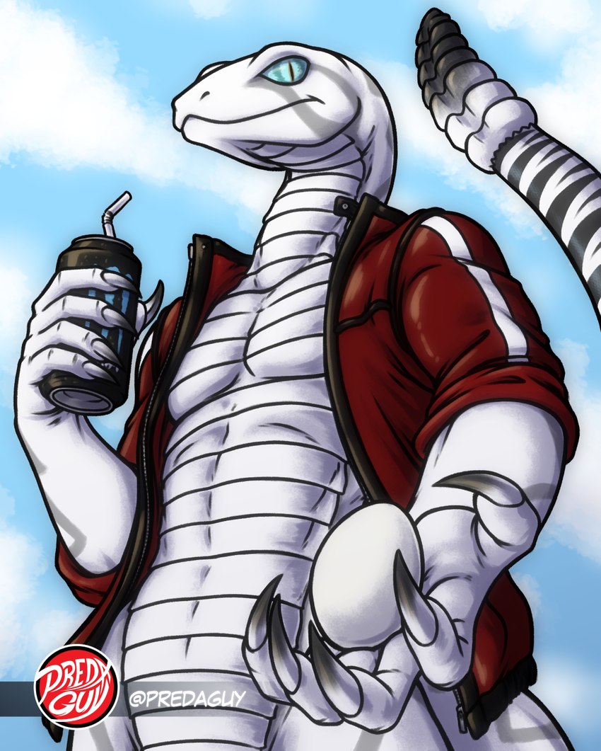 anthro beverage_can blue_eyes bottomless claws clothed clothing cloud diamond_pattern drinking_straw egg finger_claws front_view jacket jacket_only looking_at_viewer looking_down low-angle_view male markings offering_to_viewer pupils rattle_(anatomy) reaching_towards_viewer scales sky slit_pupils solo striped_markings striped_tail stripes tail tail_markings topwear topwear_only ventral_scales white_body predaguy monster_energy spek_(spe) pit_viper rattlesnake reptile scalie snake viper western_diamondback_rattlesnake clip_studio_paint_(artwork) digital_media_(artwork) half-length_portrait hi_res portrait