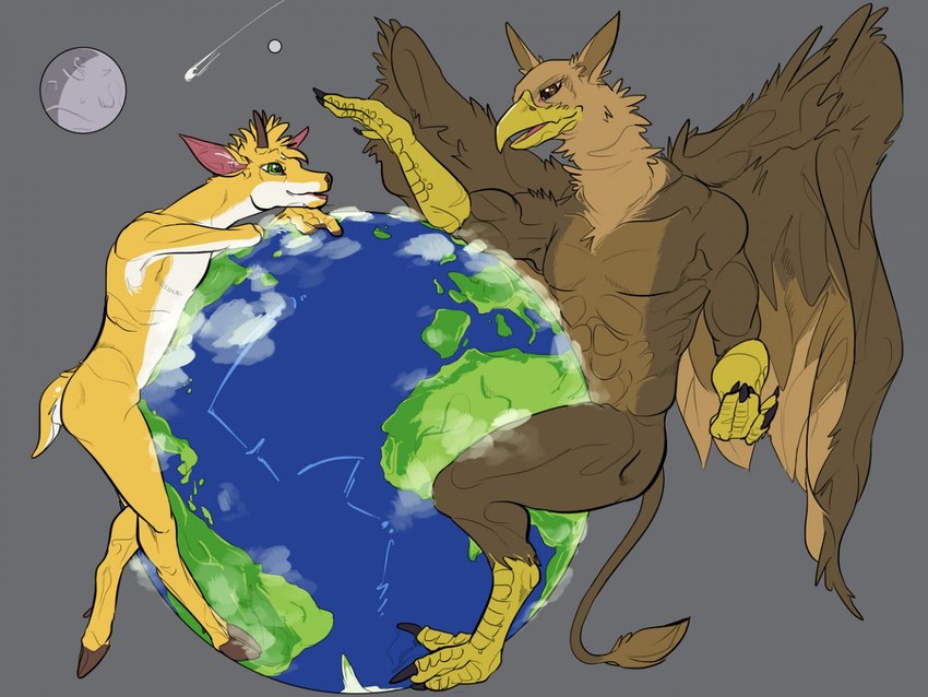 abs anthro antlers beak brown_body brown_eyes claws duo earth feathered_wings feathers feet female finger_claws fur giga horn macro macro_anthro macro_female macro_male male moon muscular muscular_anthro muscular_male nude open_mouth pecs planet planet_dwarfing simple_background smile space star tail terra_macro toe_claws toes universe wings ohohflamethrower mythology carpo avian deer gryphon mammal mythological_avian mythological_creature 4:3