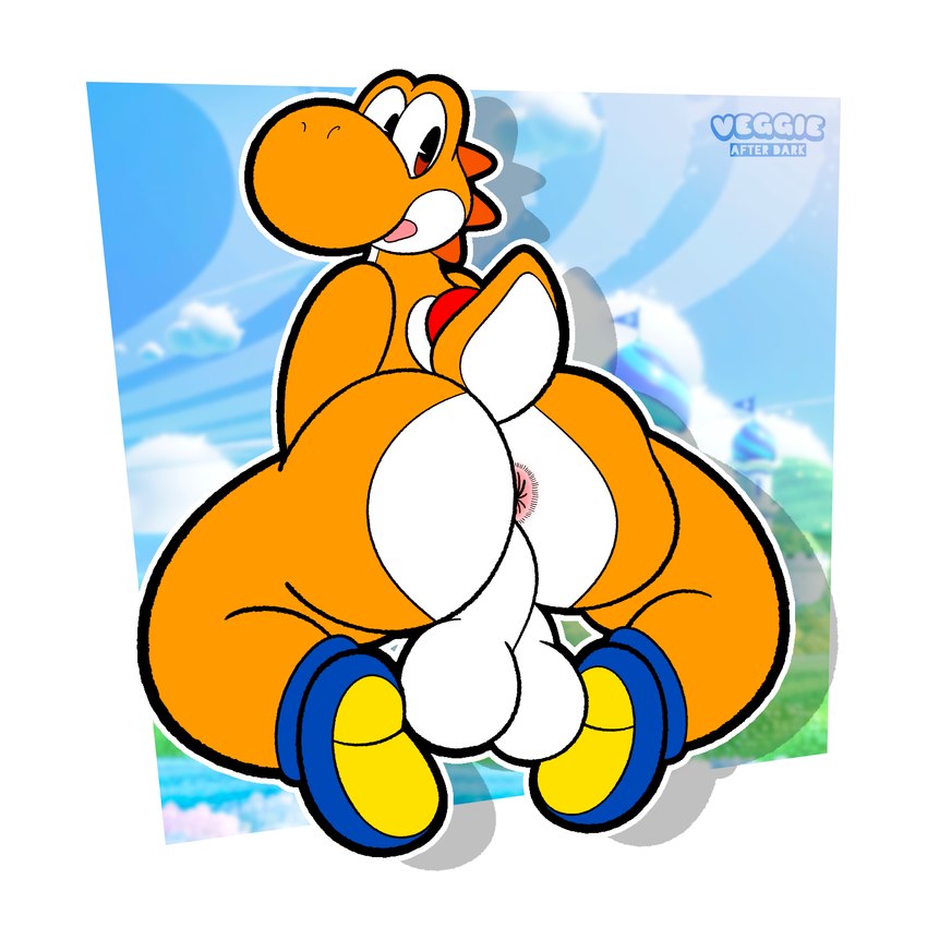 anthro anus backsack balls big_balls big_butt butt clothing footwear footwear_only genitals kneeling looking_back male mostly_nude open_mouth orange_body orange_scales pink_anus raised_tail scales shoes shoes_only solo tail thick_thighs white_body white_scales wide_hipped_male wide_hips veggieafterdark mario_bros nintendo super_mario_bros_wonder yoshi_(character) dinosaur orange_yoshi prehistoric_species reptile scalie yoshi 1:1 absurd_res hi_res