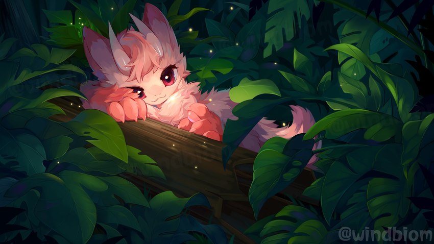 :3 ambiguous_gender anthro claws fluffy fluffy_tail fur greenery hair head_horn head_on_arm horn leaf looking_at_viewer monstera outside pink_body pink_eyes pink_fur pink_hair pink_tail plant red_eyes resting_head smile solo tail tree tree_trunk windbiom mammal species_request 16:9 digital_media_(artwork) hi_res signature widescreen