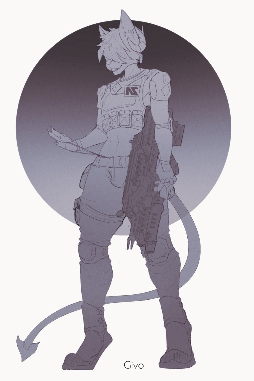 anthro bulge clothing femboy gun horn male pose ranged_weapon solo suggestive thong underwear uniform weapon givo nanite_systems planetside_2 volt_(voltaicharbor32) canid canine humanoid mammal 2:3 absurd_res hi_res pinup sketch