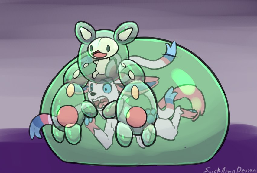 ambiguous_gender bound duo encasement feral slime slime_vore vore sarek_aran_desian nintendo pokemon blob_creature eeveelution generation_5_pokemon generation_6_pokemon pokemon_(species) reuniclus sylveon hi_res