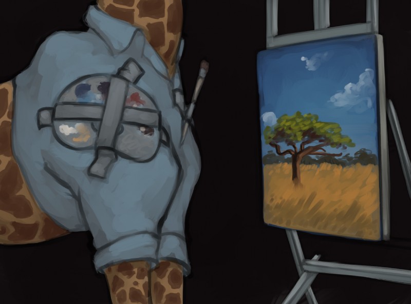 black_background brown_body brown_fur brush clothing cloud easel fur grass paint paintbrush painting palette parody plant shirt simple_background sky solo tape topwear tree marsminer bob_ross giraffe giraffid mammal