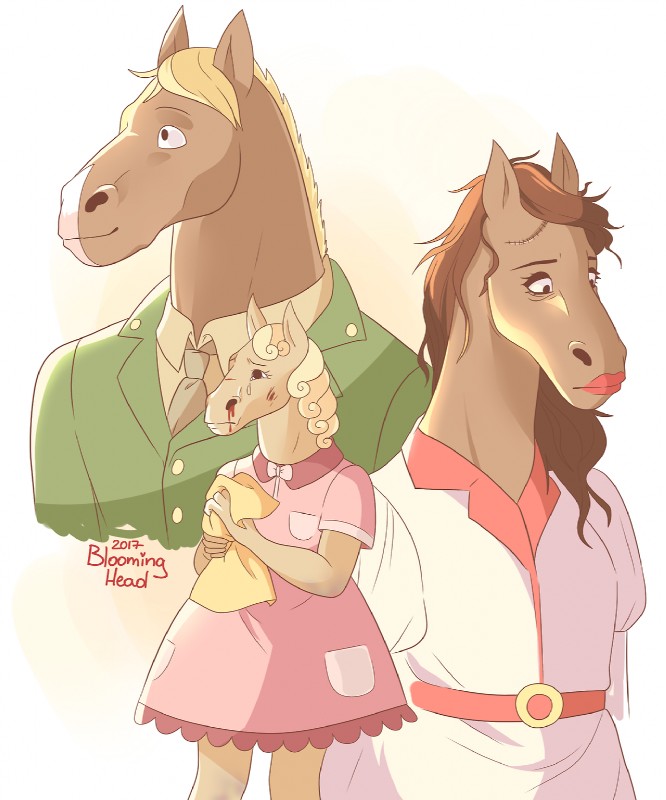 anthro blonde_hair blood bodily_fluids clothing dress female group hair lipstick makeup male mane military necktie sad scar uniform bloominghead bojack_horseman netflix beatrice_horseman crackerjack_sugarman honey_sugarman equid equine horse mammal 2017 5:6 hi_res