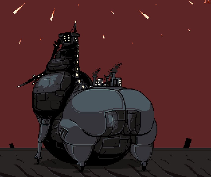 6_eyes ambiguous_gender belly big_butt building butt city city_lights gun gun_arm huge_butt long_neck looking_back machine multi_eye overweight overweight_ambiguous quadruped ranged_weapon rear_view red_background simple_background smokestack solo standing weapon jellybru new_blood_interactive ultrakill 1000-thr_earthmover humanoid robot robot_humanoid taur hi_res