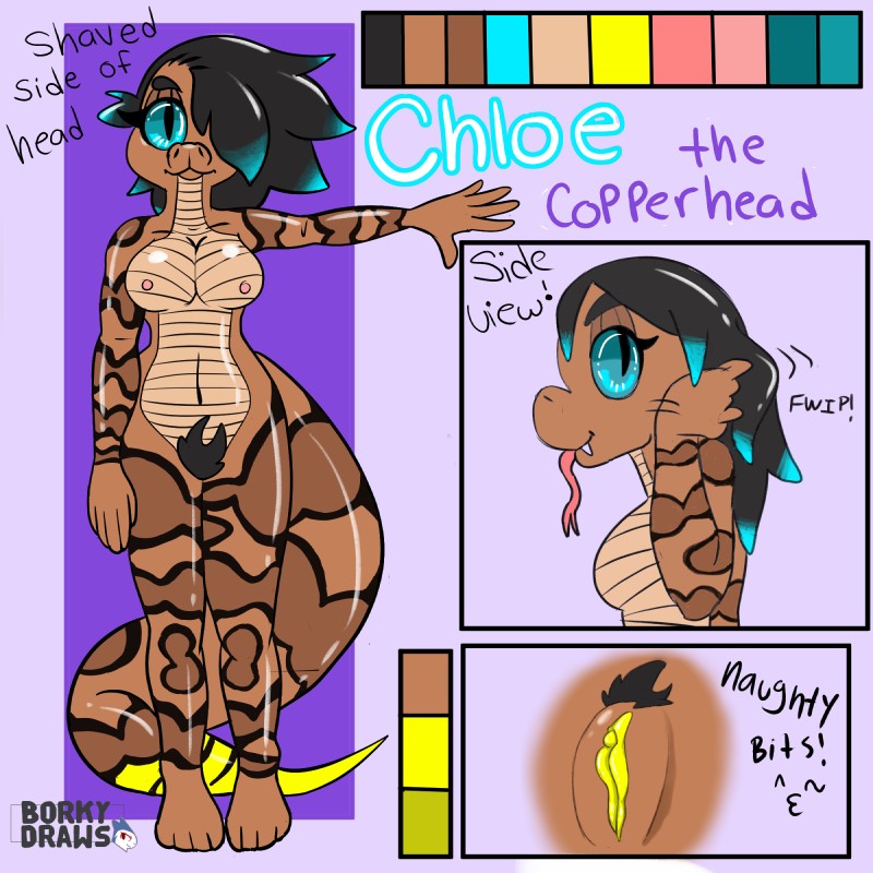 4_toes 5_fingers anthro big_breasts biped black_body black_eyebrows black_hair black_scales black_tail black_text blue_eyes blue_highlights blue_text_border breasts brown_body brown_pussy brown_scales brown_tail clitoris color_swatch countershade_torso countershading dark_eyebrows dark_hair dark_pupils dark_text eyebrows fangs feet female fingers forked_tongue genitals glistening glistening_body glistening_scales hair highlights_(coloring) light_clitoris light_text looking_at_viewer monotone_breasts multi_tone_tail multicolored_body multicolored_hair multicolored_scales multicolored_tail navel nipples no_sclera non-mammal_breasts nude pink_nipples pink_tongue pubes pupils purple_text pussy scales simple_background slit_pupils smile solo standing tail tan_body tan_breasts tan_countershading tan_scales teeth text text_border toes tongue tongue_out two_tone_hair white_text yellow_clitoris yellow_pussy yellow_tail borky-draws chloe_the_copperhead american_copperhead copperhead pit_viper reptile scalie snake viper 1:1 2018 digital_media_(artwork) hi_res model_sheet