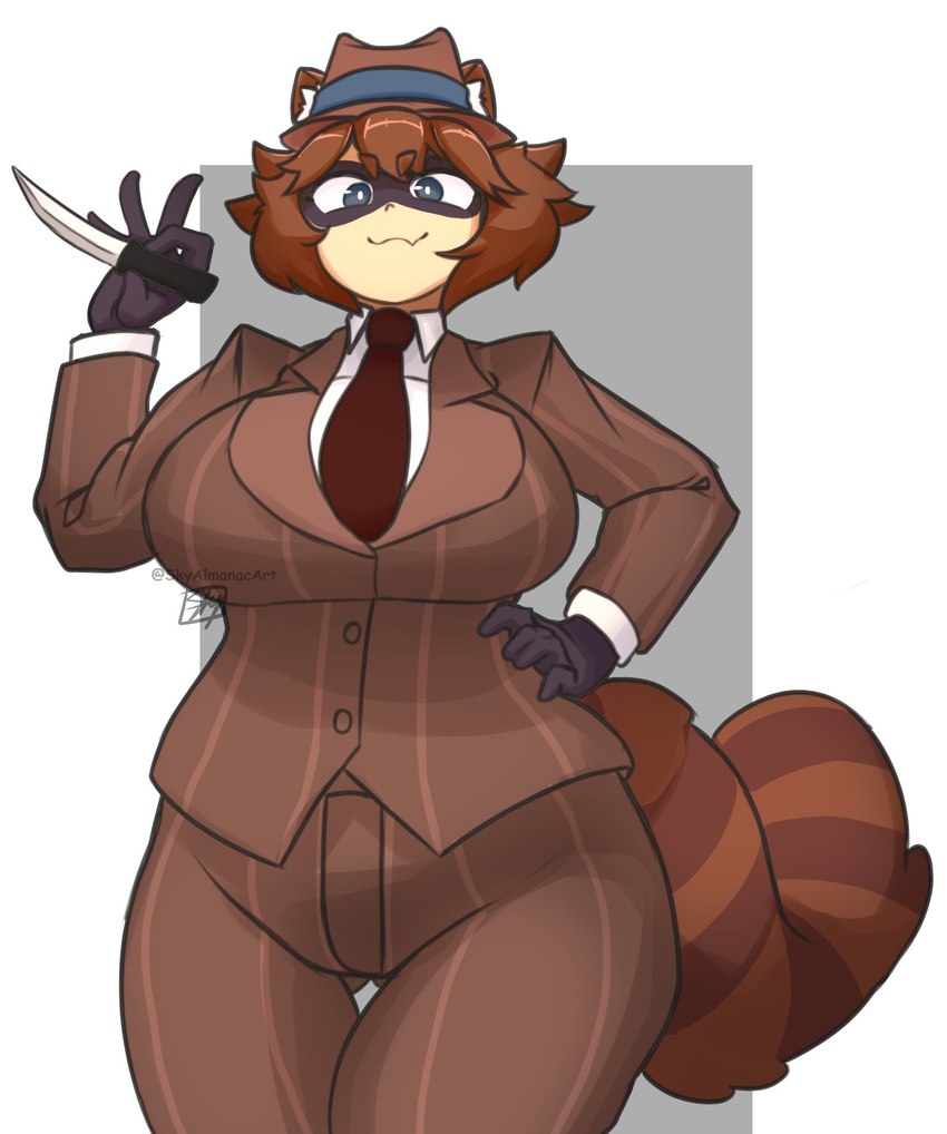 5_fingers big_breasts bottomwear breasts brown_body brown_bottomwear brown_clothing brown_ears brown_eyebrows brown_fur brown_hair brown_pants brown_suit brown_tail butt butt_from_the_front clothed_female clothed_humanoid clothing eye_mask eyebrows facial_markings fedora female fingers fur gloves grey_eyes hair hand_on_hip handwear hat head_markings headgear headwear holding_object holding_weapon knife looking_at_viewer markings mask_(marking) mouth_closed narrowed_eyes necktie pants simple_background smile solo striped_markings striped_tail stripes suit suit_jacket tail tail_markings tan_body tan_skin thick_eyebrows thigh_gap weapon sky_almanac team_fortress_2 valve jane_(silentmanjoe) spy_(team_fortress_2) animal_humanoid humanoid mammal mammal_humanoid procyonid procyonid_humanoid raccoon_humanoid 2023 digital_media_(artwork) hi_res portrait three-quarter_portrait