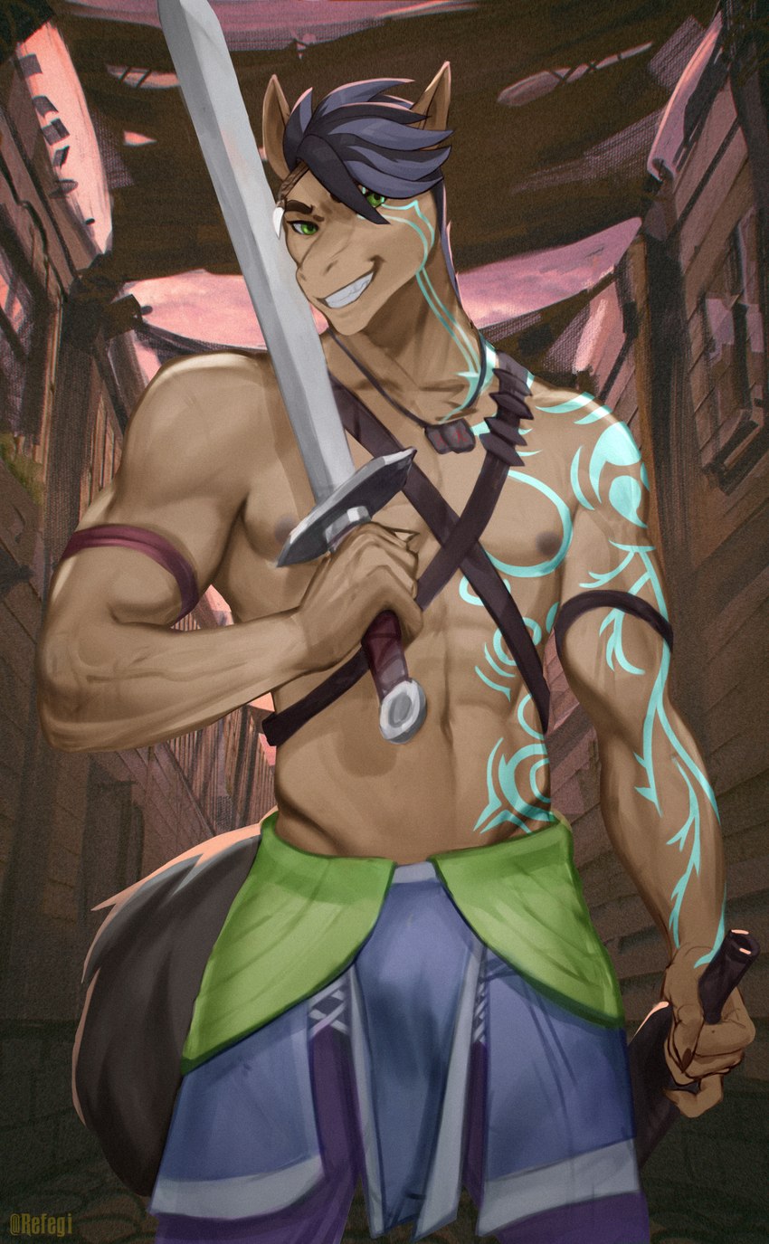 abs anthro clothed clothing glowing glowing_tattoo green_eyes male melee_weapon nipples pecs solo sword tail tattoo vein veiny_muscles weapon refegi tida equid equine horse mammal pony absurd_res hi_res