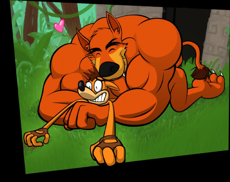 anthro backless_gloves biceps big_muscles claws clothing cuddling duo eyes_closed fangs fingerless_gloves forest gloves handwear heart_symbol hug jungle larger_male male male/male muscular muscular_male nude outside pecs plant size_difference smaller_male teeth tree rubberskunktoo activision crash_bandicoot_(series) crash_bandicoot tiny_tiger bandicoot dasyuromorph mammal marsupial recently_extinct_species thylacine alpha_channel