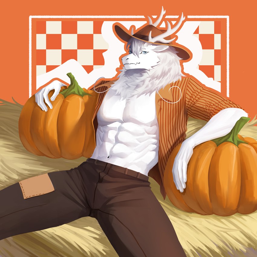 anthro beard blue_eyes clothed clothing cowboy_hat facial_hair food fruit grey_hair hair hat hay hay_bale headgear headwear looking_at_viewer male mane muscular muscular_male partially_clothed pattern_clothing plant pumpkin sitting solo striped_clothing stripes white_body sk_akamissterh fei_ren_zai_(non_human) mythology ao_lie dragon eastern_dragon mythological_creature mythological_scalie scalie absurd_res hi_res