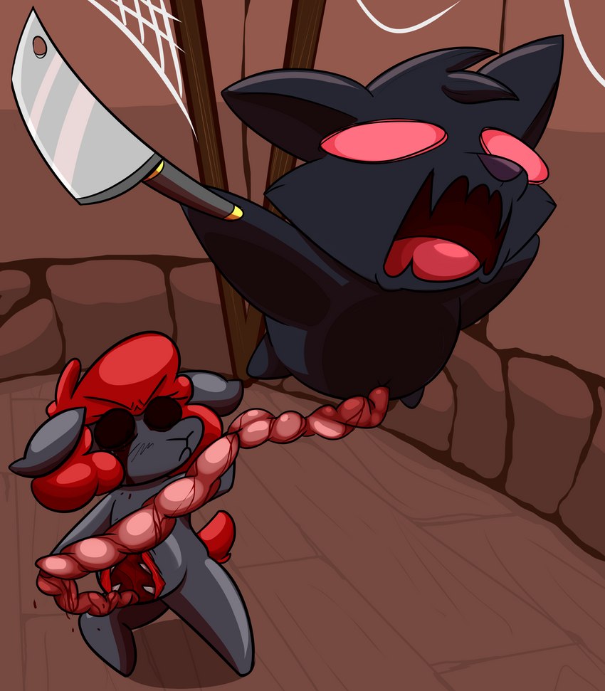 angry anthro attack basement black_body black_eyes black_fur black_hair blood bodily_fluids chibi dark_body dark_skin disembowelment duo female fetus flying fur gore hair knife male open_mouth red_eyes red_hair red_tail ribs spider_web tail tongue umbilical_cord twtr the_binding_of_isaac_(series) dante_the_demon lilith_(tboi) rebeca_the_lamb tainted_lilith bovid canid canine canis caprine humanoid mammal sheep wolf absurd_res hi_res