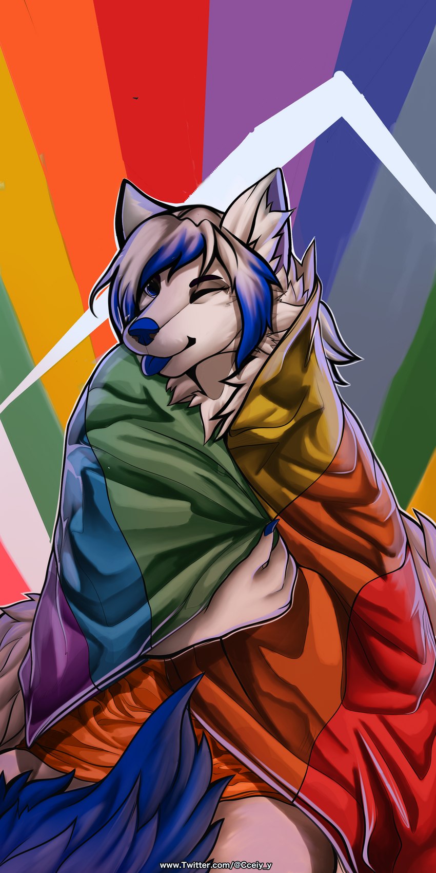 ambiguous_gender anthro black_eyebrows blue_claws blue_eyes blue_hair blue_nose blue_tail blue_tongue claws ear_tuft eyebrows flag fur hair lgbt_pride one_eye_closed pride_color_background pride_color_flag pride_colors rainbow rainbow_flag rainbow_pride_colors rainbow_pride_flag rainbow_symbol simple_background six-stripe_rainbow_pride_colors smile solo tail tongue tongue_out tuft wearing_flag white_body white_ears white_fur white_hair white_tail wink aslly amber_puppy canid canine canis mammal wolf 1:2 absurd_res hi_res herm_(lore)