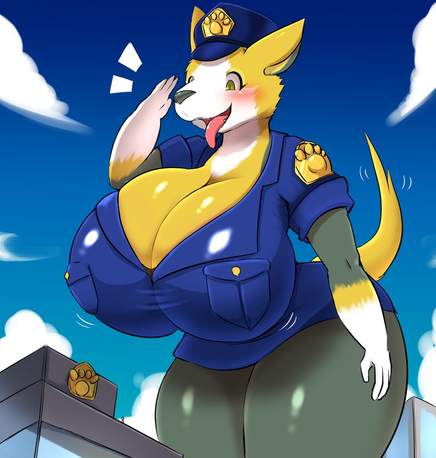 anthro anthrofied big_breasts blue_clothing blue_hat blue_headwear blue_topwear breasts clothing cloud female gesture hat headgear headwear huge_breasts macro open_mouth police police_hat police_officer police_station salute sky solo tongue tongue_out topwear kify nintendo pokemon boltund canid canine generation_8_pokemon mammal pokemon_(species) 2023 absurd_res hi_res