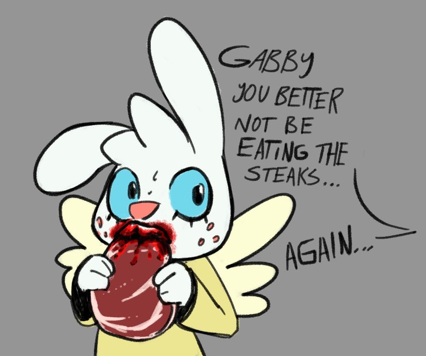 anthro blood blood_in_mouth blue_eyes bodily_fluids dialogue eating female food freckles grey_background meat simple_background solo text white_body wings gglloooopp angel_hare the_east_patch angel_gabby angel hare lagomorph leporid mammal english_text