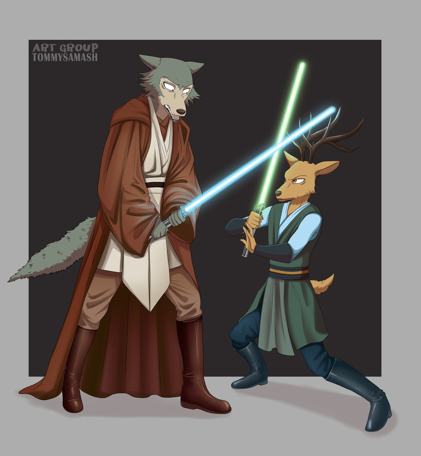 anthro antlers blue_lightsaber brown_body brown_clothing brown_fur brown_robe clothed clothing duel duo fight fully_clothed fur green_lightsaber grey_body grey_fur horn jedi jedi_tunic lightsaber male melee_weapon robe shirt simple_background standing topwear tunic weapon tommysamash beastars star_wars legoshi_(beastars) louis_(beastars) canid canine canis cervine deer mammal red_deer wolf 2020 hi_res