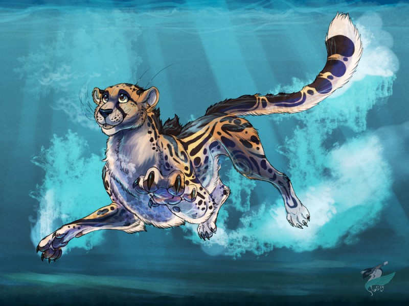 ambiguous_gender black_spots brown_eyes claws feral fur happy pawpads paws solo spots swimming underwater water yellow_body yellow_fur yellow_sclera husgryph cheetah felid feline king_cheetah mammal 4:3