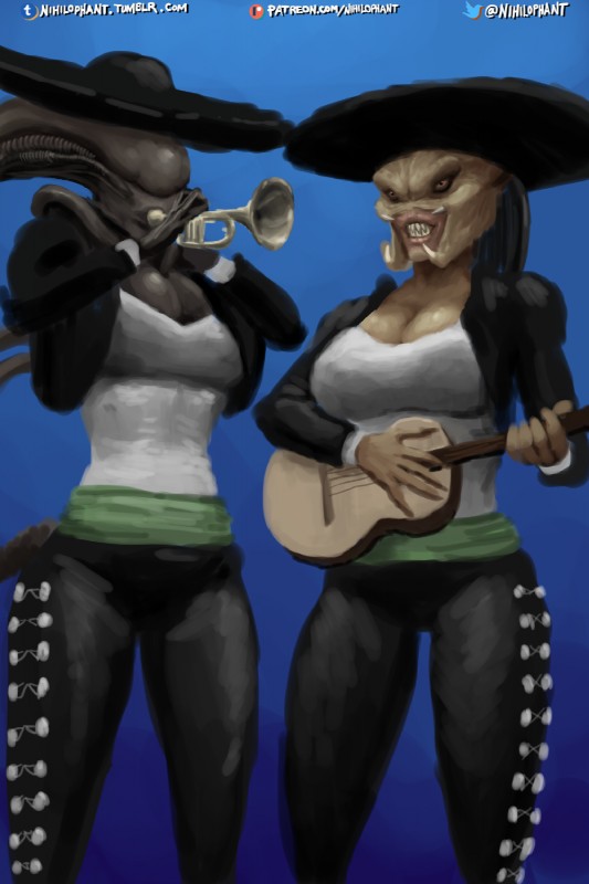 belly big_breasts black_body black_skin black_tail bottomwear brass_instrument breast_squish breasts claws cleavage clothed clothing curvy_figure dangerous duo enjoying eye_contact eyeless fangs female glistening guitar hat headgear headwear holding_object jacket larger_female lips looking_at_another looking_at_viewer mariachi muscular music musical_instrument musician nails not_furry pants playing_music plucked_string_instrument raised_tail sharp_teeth shirt size_difference smile squish standing string_instrument tail tall teeth text thick_thighs tight_clothing topwear trumpet tube voluptuous wide_hips wind_instrument nihilophant alien_(franchise) alien_vs._predator_(franchise) predator_(franchise) alien humanoid monster xenomorph yautja 2018 2:3 alternate_version_at_source digital_media_(artwork) hi_res