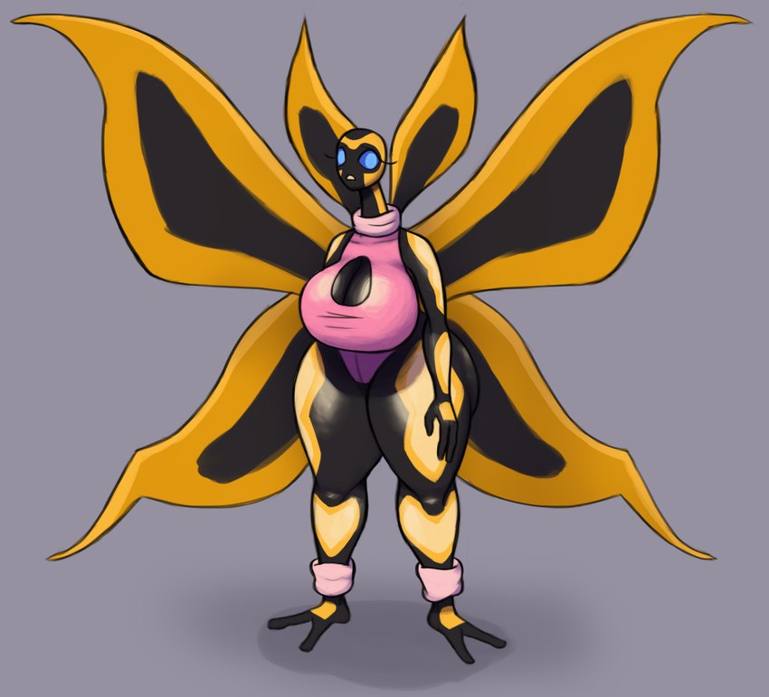 2_toes 3_fingers big_breasts blue_eyes breasts clothing feet female fingers grey_background legwear simple_background solo thick_thighs toes topwear wings yellow_body jovi_cap ben_10 cartoon_network alien necrofriggian hi_res