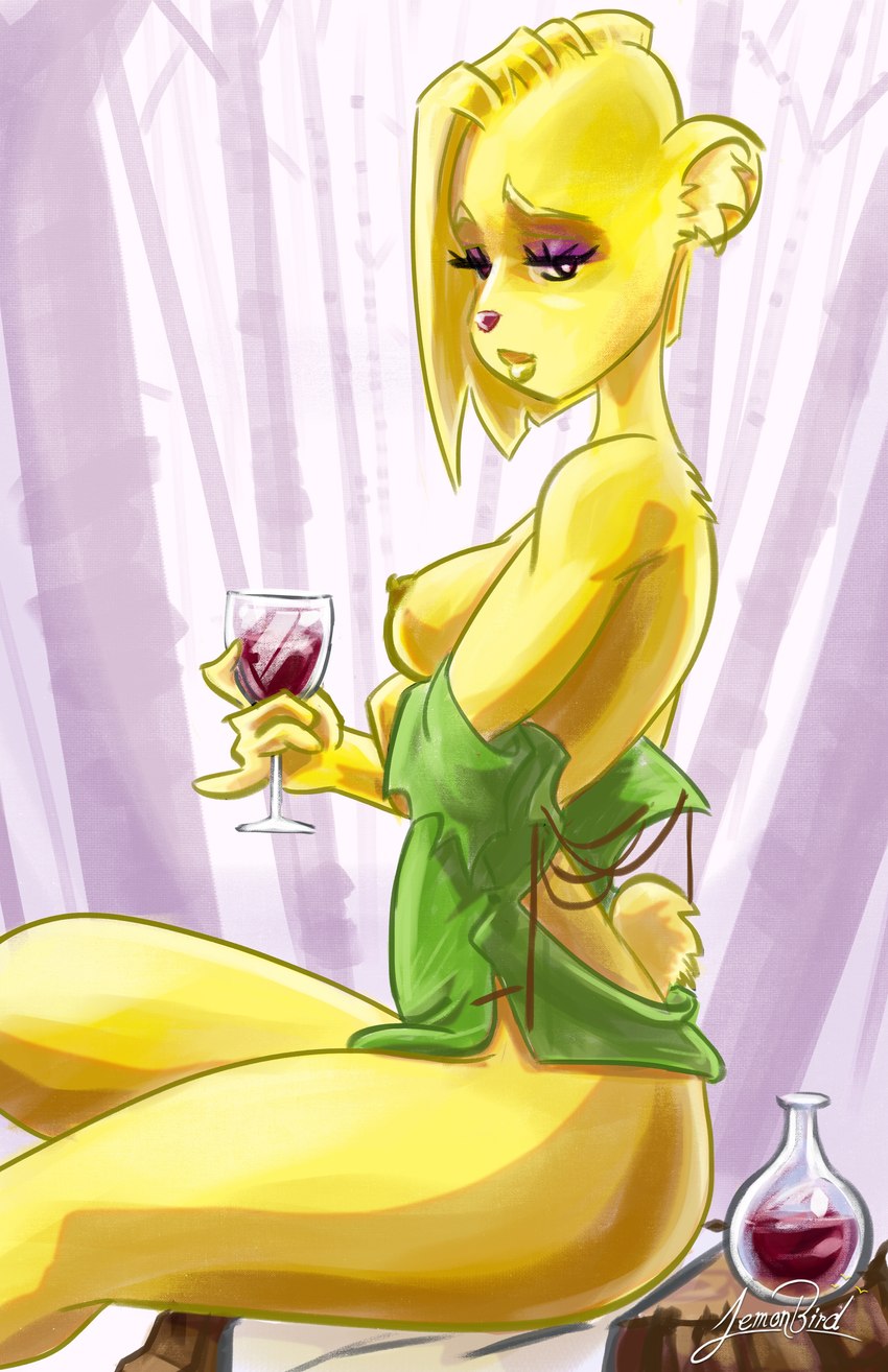 5_fingers anthro areola blonde_eyebrows blonde_hair breasts clothed clothing container cup dress drinking_glass eyebrows eyelashes female female_anthro fingers flask forest fur gesture glass glass_container glass_cup green_clothing green_dress hair half-closed_eyes holding_wine_glass inner_ear_fluff lips long_hair looking_at_viewer medium_breasts mouth_closed narrowed_eyes nipples outside partially_clothed partially_clothed_anthro partially_clothed_female pink_nose pinky_out plant purple_eyelashes raised_eyebrow short_tail side_view sitting sitting_on_stump solo tail tree tree_stump tuft undressing wine_glass yellow_areola yellow_body yellow_ears yellow_fur yellow_inner_ear_fluff yellow_lips yellow_nipples yellow_tail lemonbird disney gummi_bears sunni_gummi bear mammal 2021 absurd_res hi_res signature