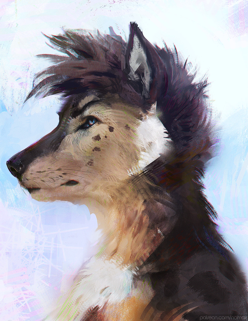 anthro black_body black_fur black_nose fur nude side_view solo tan_body tan_fur nomax canid canine canis domestic_dog mammal 2021 bust_portrait digital_media_(artwork) digital_painting_(artwork) hi_res painting_(artwork) portrait