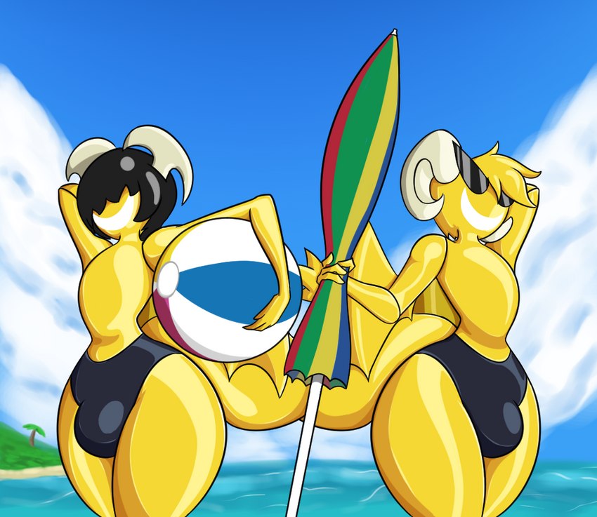 ball beach beach_ball beach_umbrella bulge clothing duo inflatable male parasol seaside speedo sunnification swimwear tail thick_tail thick_thighs king_of_sorrow_(artist) fan_character sunny_miami demon